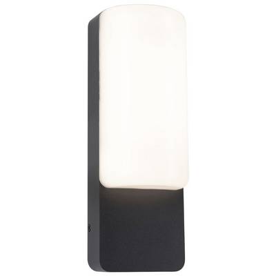 Zwarte wandlamp met rechthoekige, witte lampenkap.