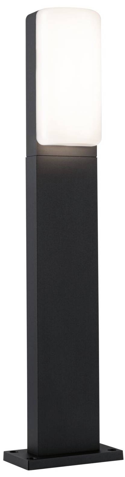 Een moderne, vrijstaande, zwarte buitenlamp met een rechthoekige voet en een lichtgevend, wit bovendeel.