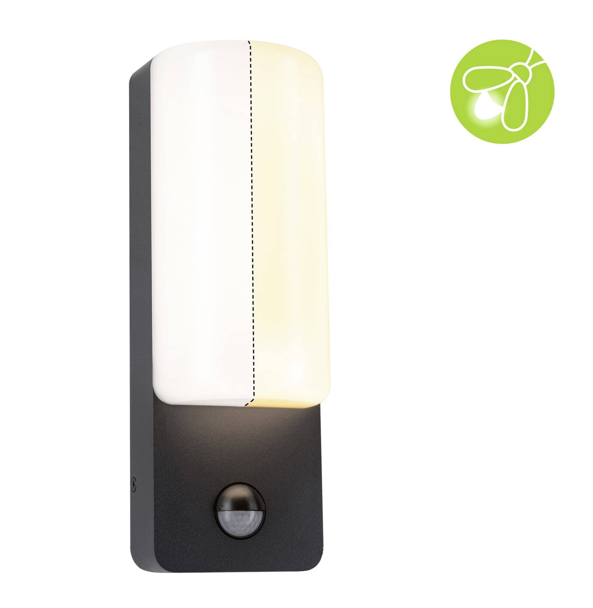 Wandlamp met bewegingssensor, rechthoekig, zwart-wit, geschikt voor buitenruimtes. Rechtsboven groen symbool met gestileerd blad.