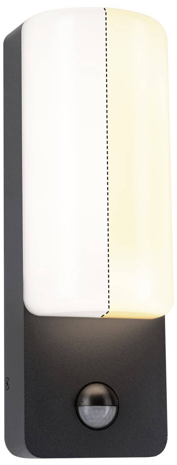 Buitenlamp met rechthoekig ontwerp, twee witte lichtpanelen en een bewegingssensor onderaan gemonteerd. Ideaal voor ingangen.