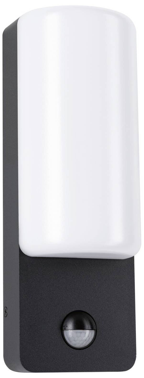 Buitenlamp met rechthoekige, zwarte behuizing en witte, cilindrische lichtdiffuser; onderaan bevindt zich een bewegingssensor.