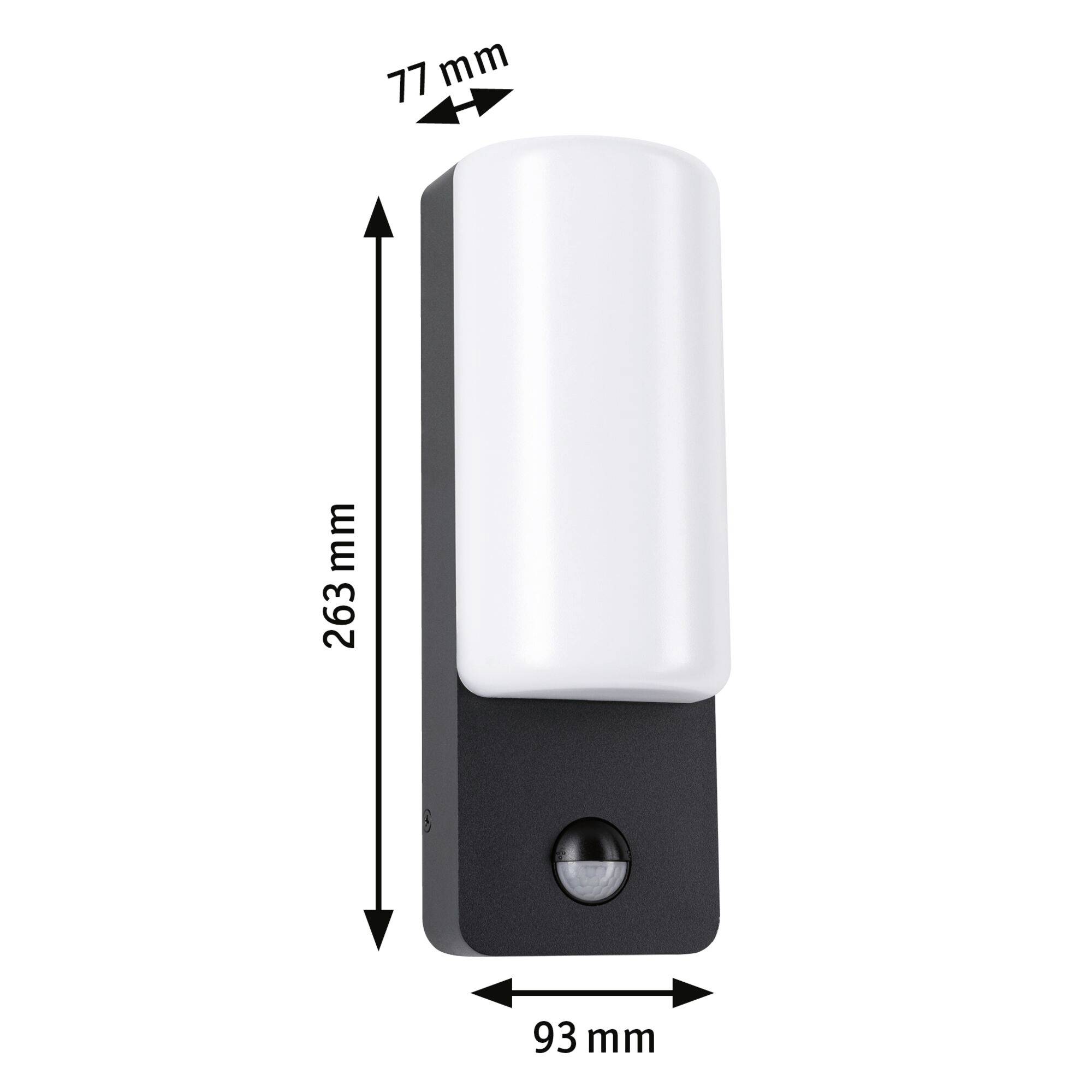 Witte buitenwandlamp met geïntegreerde bewegingssensor, rechthoekige vorm. Afmetingen: 263 mm hoog, 93 mm breed, 77 mm diep.