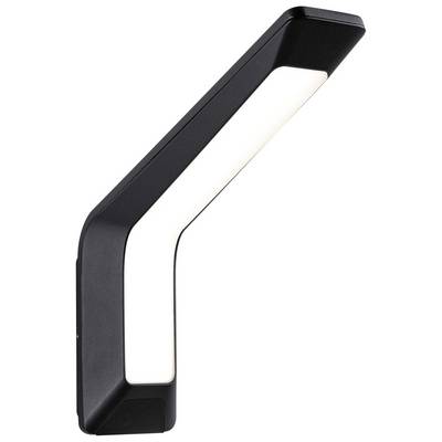 Zwarte, moderne LED-wandlamp met gebogen, lang ontwerp en diffuus verlichtende lichtstreep.