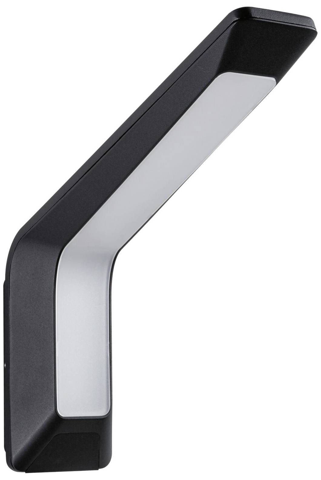 Zwarte, moderne LED-wandlamp met schuin ontwerp, geschikt voor binnenshuis.
