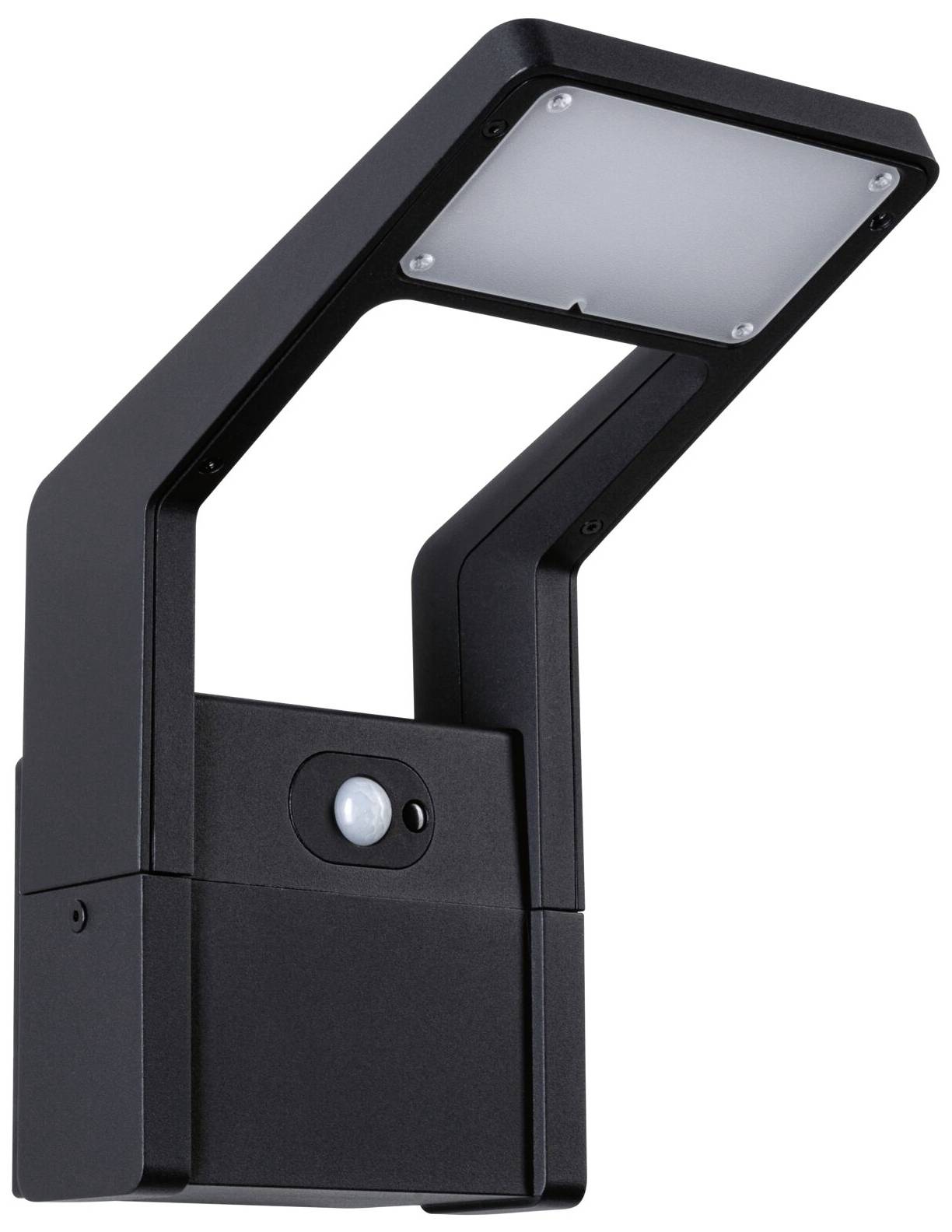 Zwarte, moderne buitenlamp met bewegingssensor onder de lampenkop. Ideaal voor energiezuinige veiligheidsverlichting.