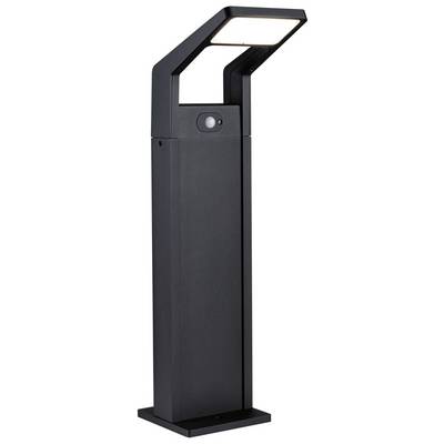 Een zwarte, moderne buitenlamp met bewegingsmelder, staand op een sokkel. Hij heeft een rechthoekige, hellende lampenkap bovenaan.