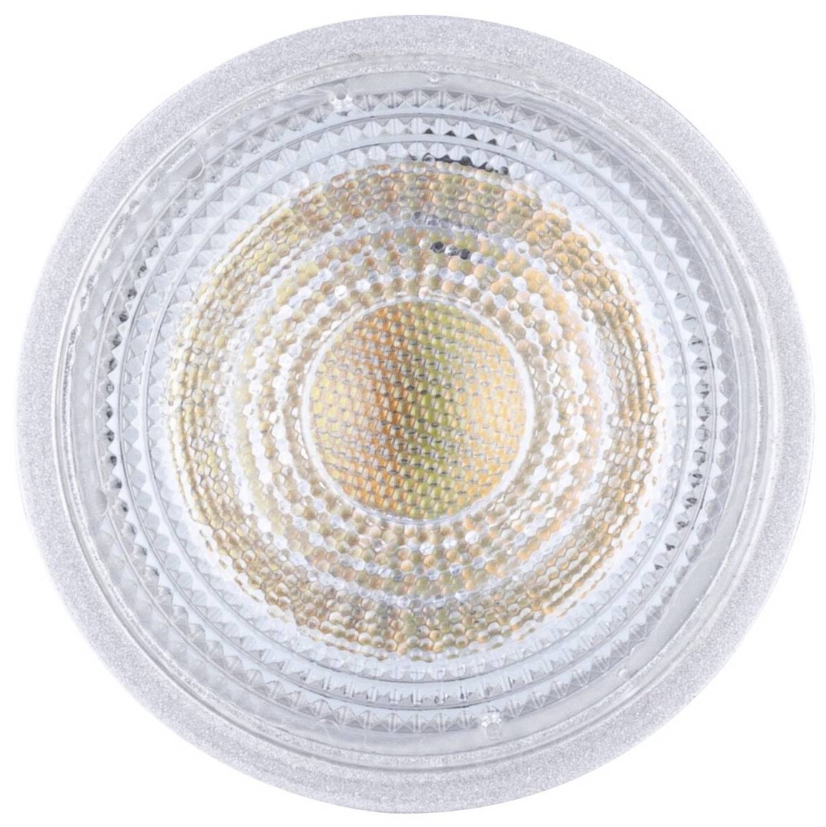 Een LED-lichtbron met een gestructureerd, transparant glasoppervlak en een cirkelvormig patroon dat een gelijkmatige verlichting mogelijk maakt.