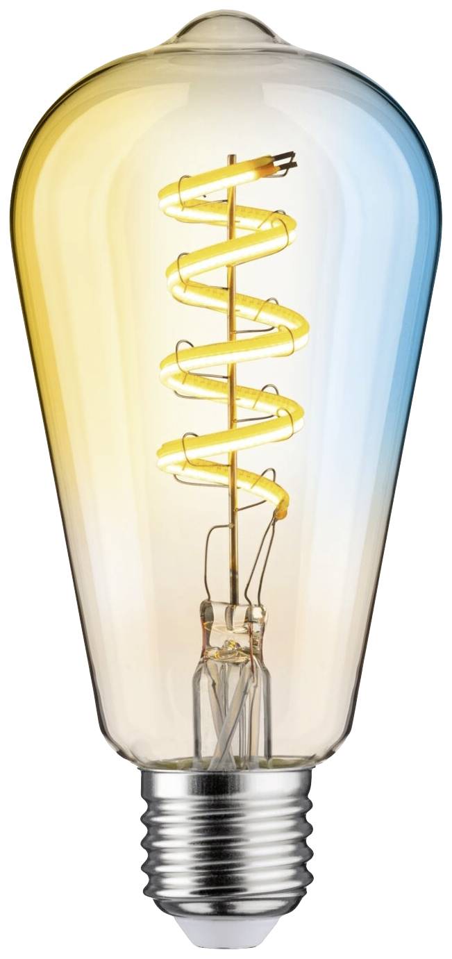 Een gloeilamp met een zichtbare, spiraalvormige gloeidraad die overgaat van geel naar blauw licht.