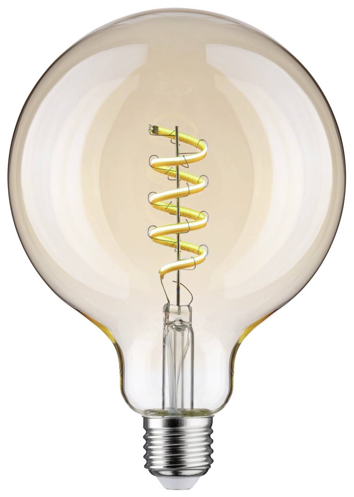 Een ronde gloeilamp met zichtbare spiraalvormige gloeidraad die licht geeft. Geschikt voor decoratieve verlichting.