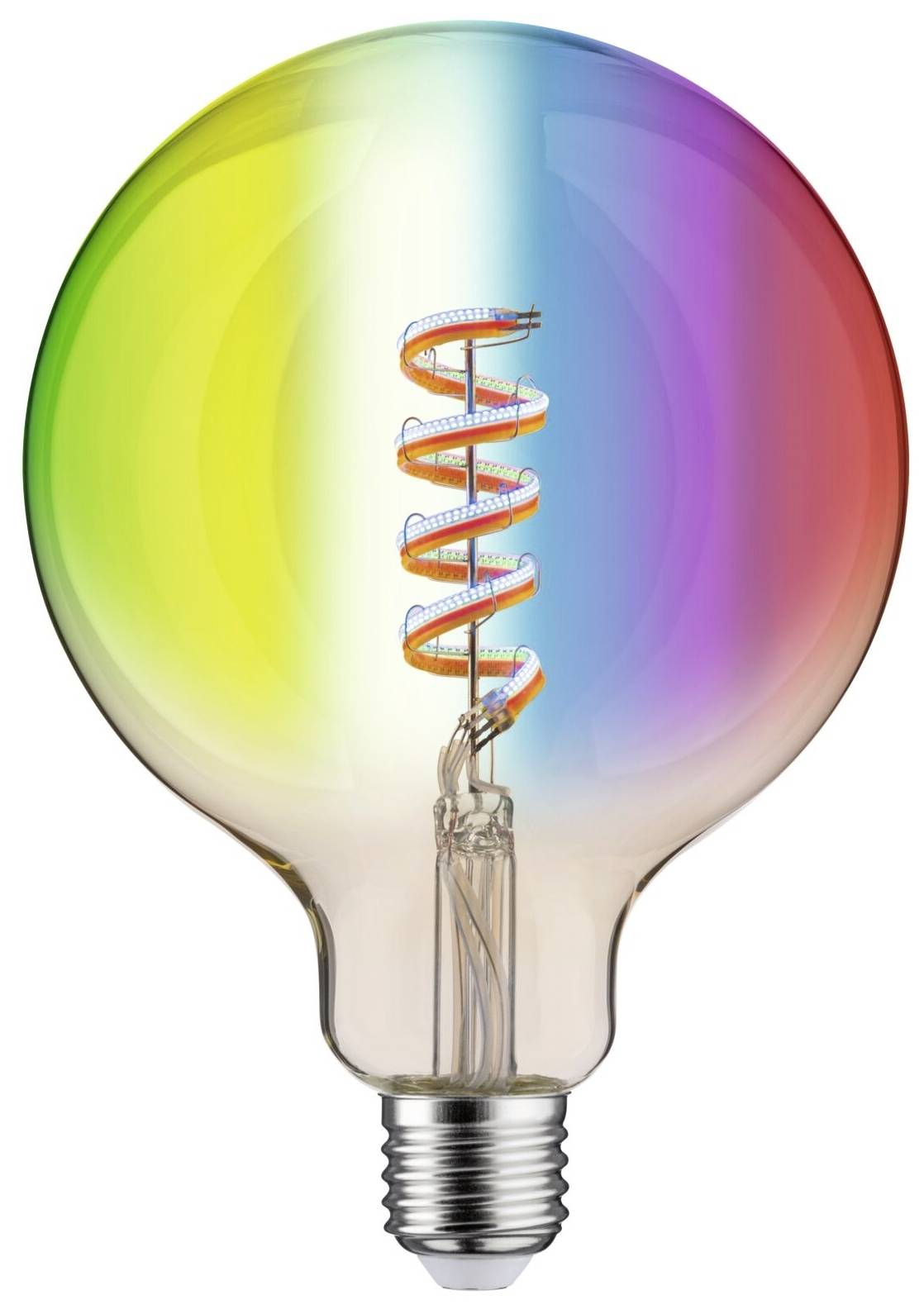 Een gloeilamp met regenboogkleuren die verloopt van geel naar paars, met een spiraalvormige gloeidraad aan de binnenkant.