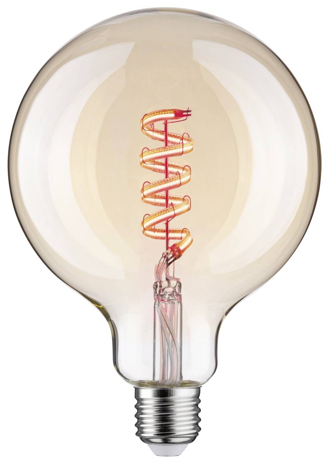 Een gloeilamp met een spiraalvormig, gloeiend gloeidraad in het midden. Hij is helder en toont details van de gloeidraadstructuur.