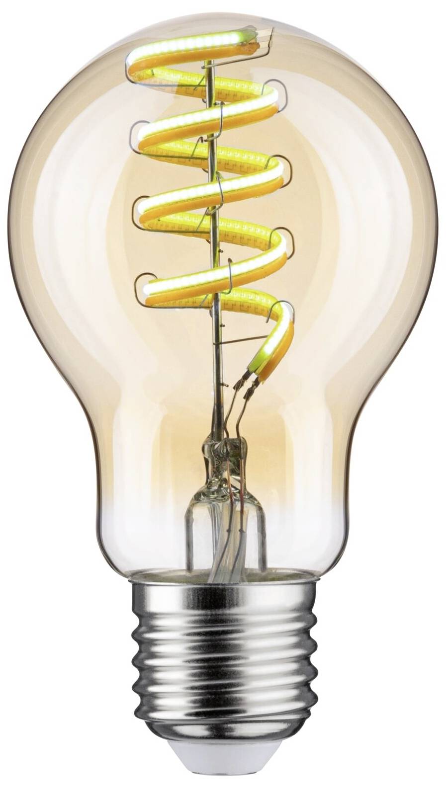 Een gloeilamp met een zichtbaar, spiraalvormig gerangschikt gloeidraad dat in warm licht oplicht.