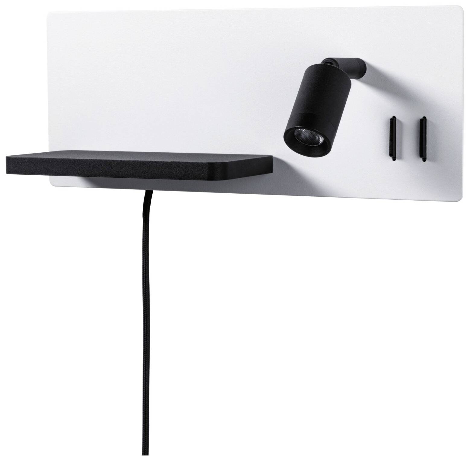 Een zwart-wit wandrek met geïntegreerde, verstelbare leeslamp en twee haken aan de zijkant.