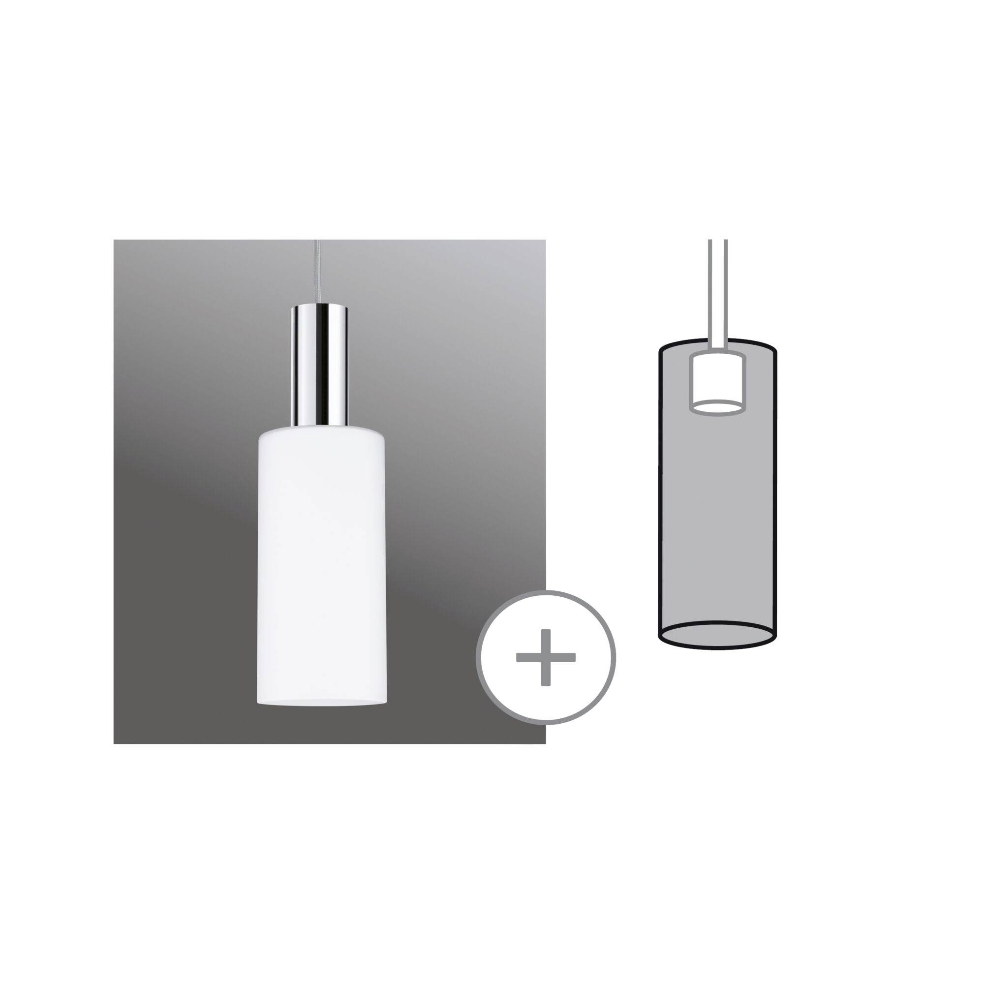 Een witte, cilindrische lamp hangt van het plafond. Ernaast een schematische weergave van dezelfde lamp met een plusteken.
