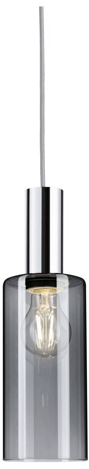Hanglamp met transparante, cilindrische glazen lampenkap, zichtbare gloeilamp, modern design.