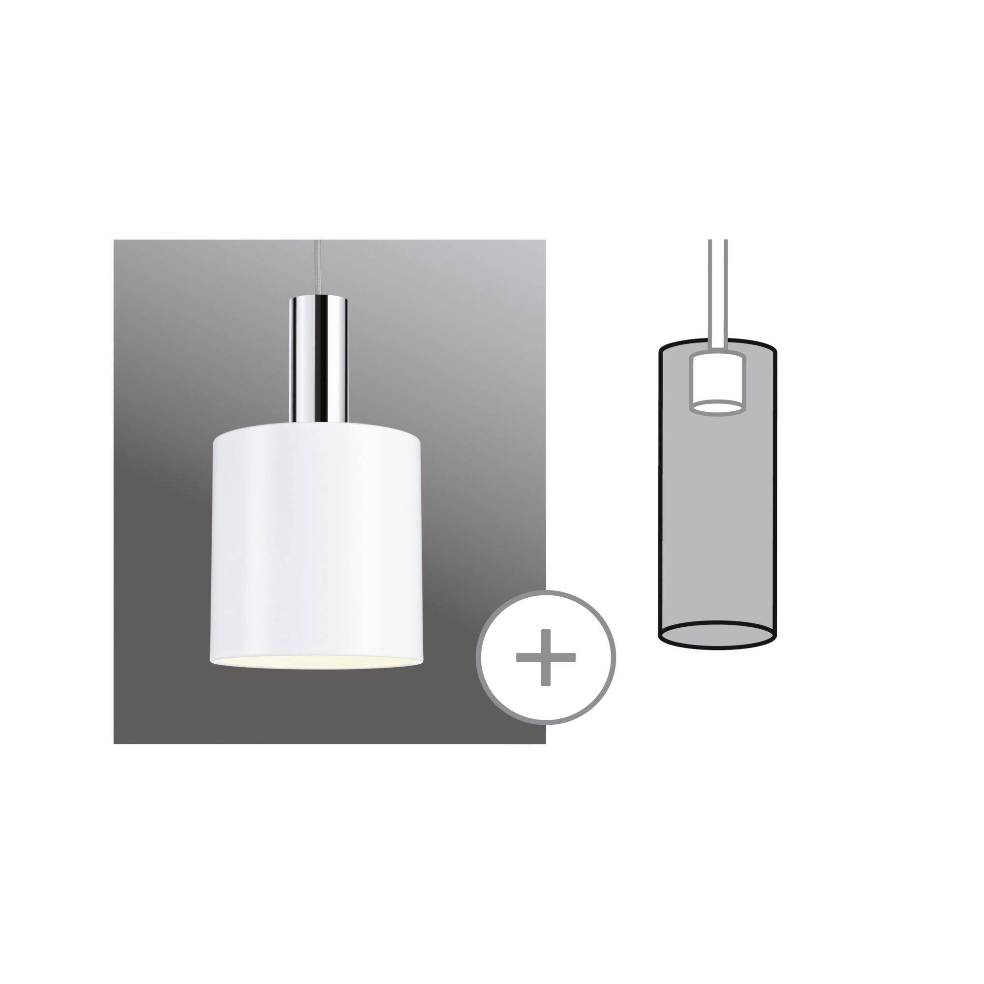 Witte cilindrische hanglamp met metalen ophanging. Ernaast een schematische tekening van de lamp.