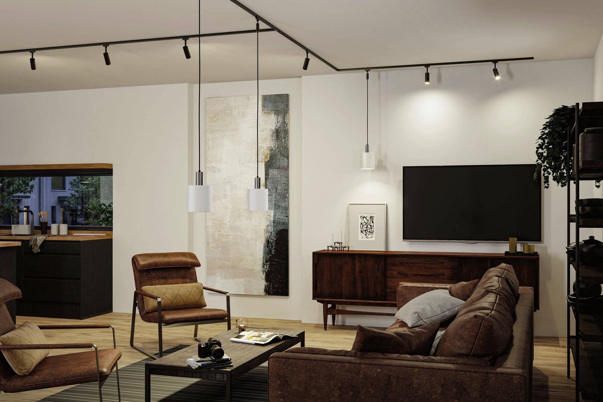 Een modern woonkamer met een bruine bank, fauteuil, salontafel en een groot flatscreen-tv. Aan de muur hangt abstracte kunst.