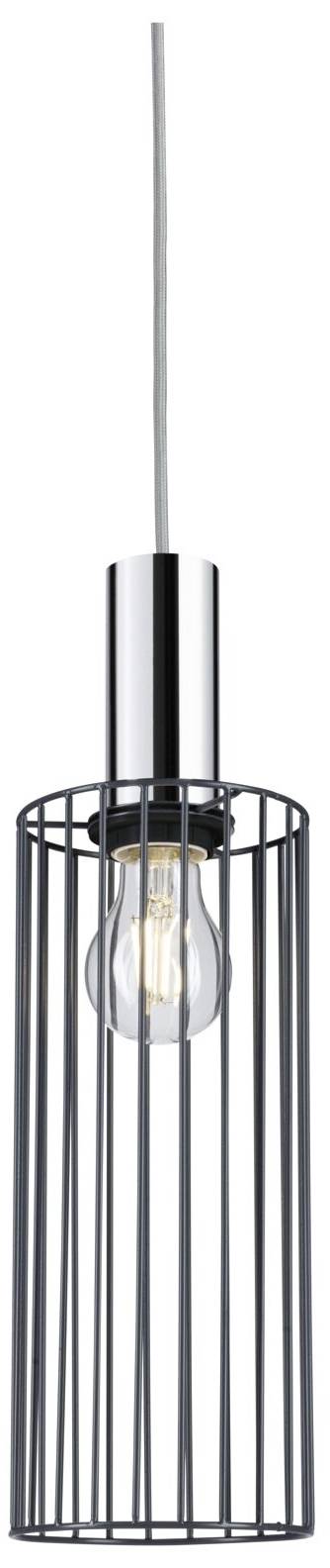 Een moderne, hangende lamp met een gloeilamp in een cilindervorming, open metalen kooi. Hij hangt aan een kabel.