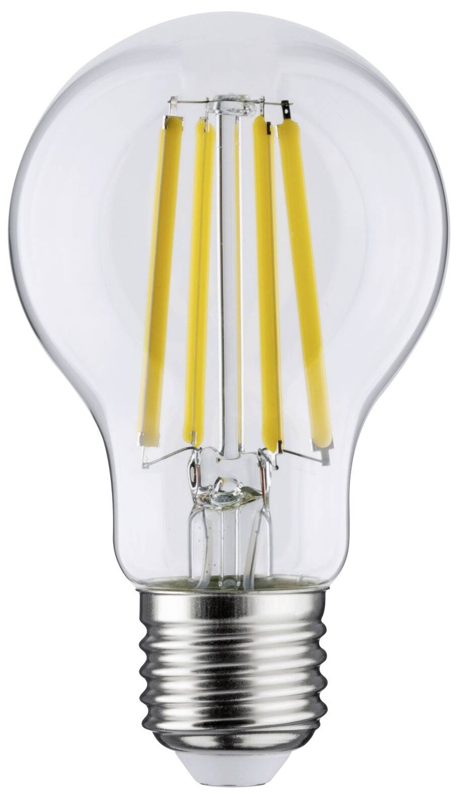 Led-lamp met een heldere oppervlakte en gele filamenten, weergegeven voor een witte achtergrond.