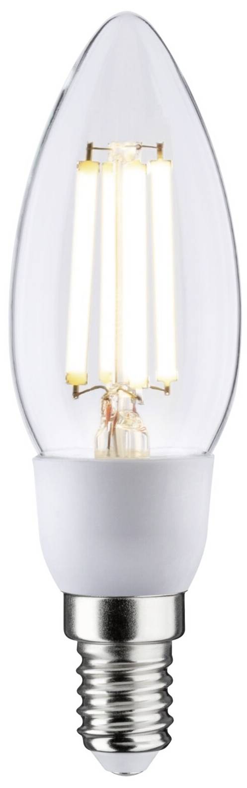 Een LED-kaarslamp met heldere glazen kap en zichtbare filamenten. Geschikt voor decoratieve verlichting.