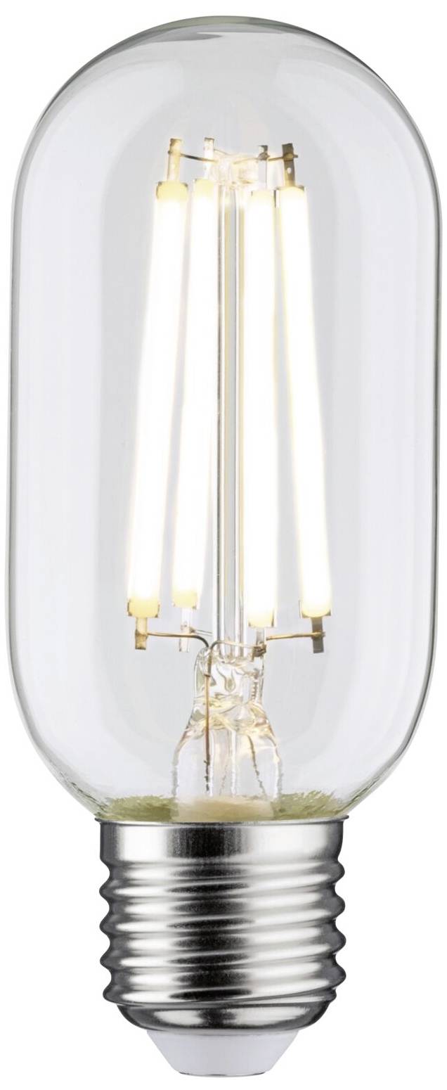 Een ingeschakelde LED-gloeilamp met zichtbare filamenten, in een heldere glazen behuizing.