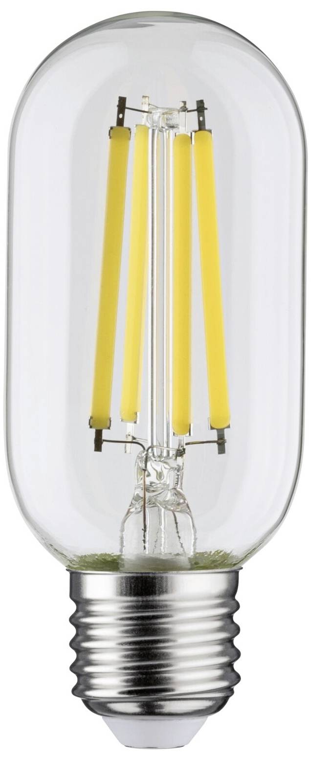 Een LED-gloeilamp met Edison-schroeffitting en zichtbare filamenten. Hij is ingekapseld in een transparante glazen behuizing.