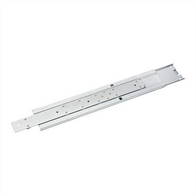 Een zilverkleurige, uittrekbare metalen ladegeleider op een witte achtergrond.