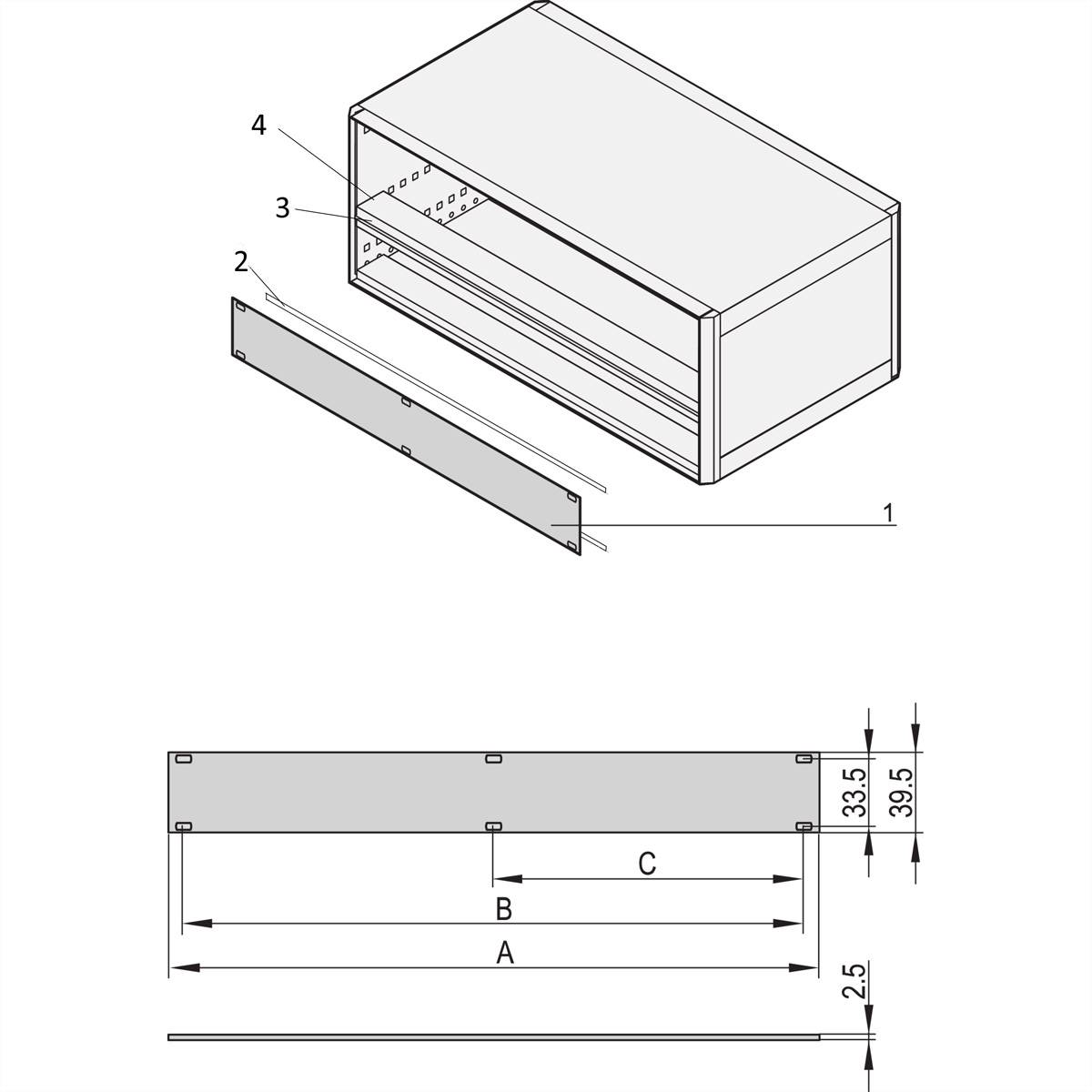 Technische tekening van een rechthoekig apparaat met verwijderbare voorkant. Afmetingen: hoogte 39,5 mm, breedte 33,5 mm. Componenten en bevestigingspunten zichtbaar.