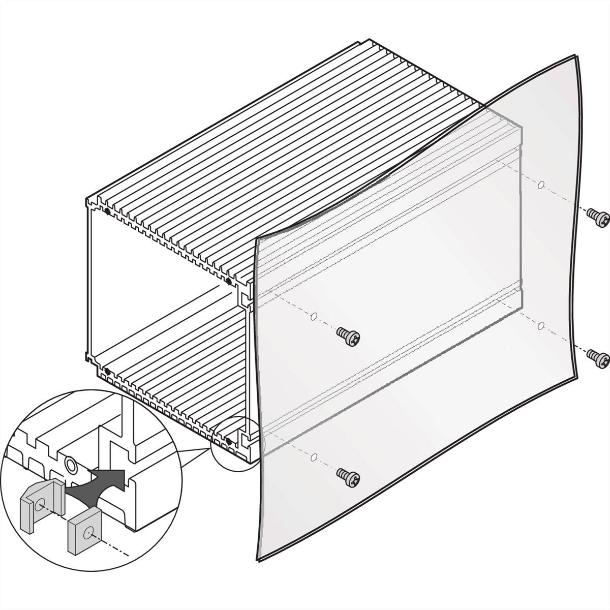 Technische tekening van een rechthoekig ventilatiekanaal met schroeven en verbindingsdetails. Een uitsnede vergroot de verbinding.