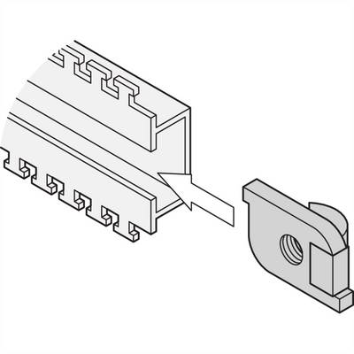 Technische tekening van een profielrailverbinder met uitlijningspijl en afzonderlijk verbindingselement.