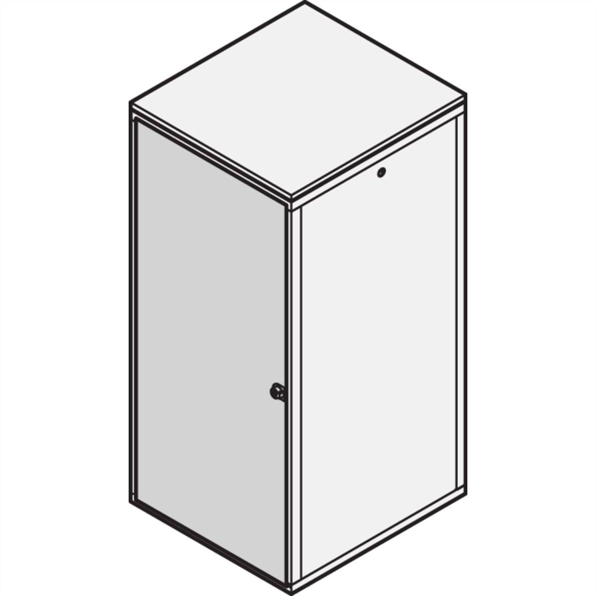 Een eenvoudige, rechthoekige kast met één deur en een handgreep aan de voorzijde, weergegeven in een isometrische weergave.