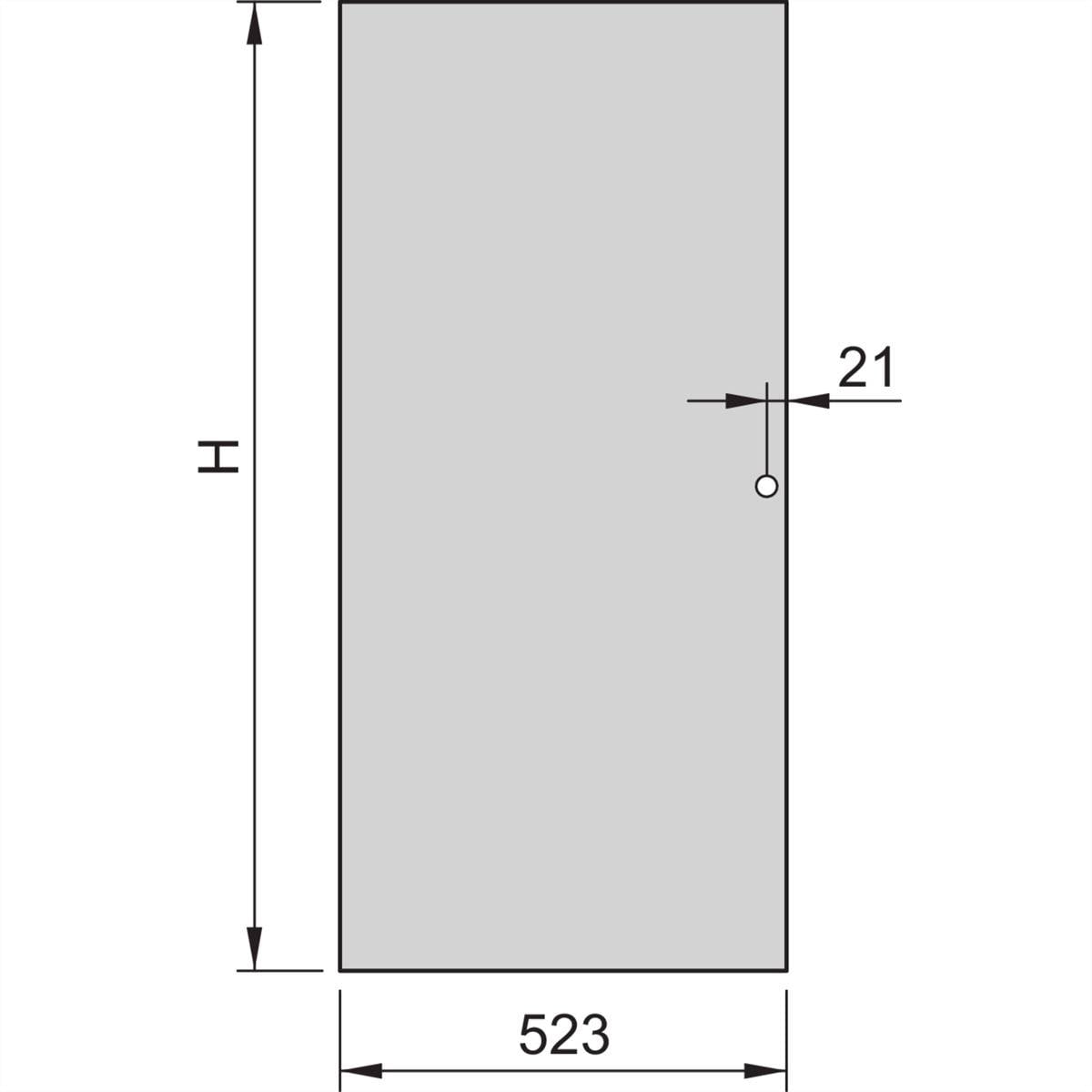 'Rechthoekig diagram met een totale breedte van 523 mm en hoogte H. Een kleine pijl wijst naar een afstand van 21 mm van de rechterkant.'