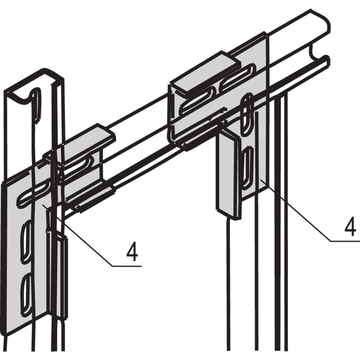 Mechanische tekening van een montagesysteem met H-klemmen en verbindingsstukken. Nummer 4 identificeert specifieke onderdelen.