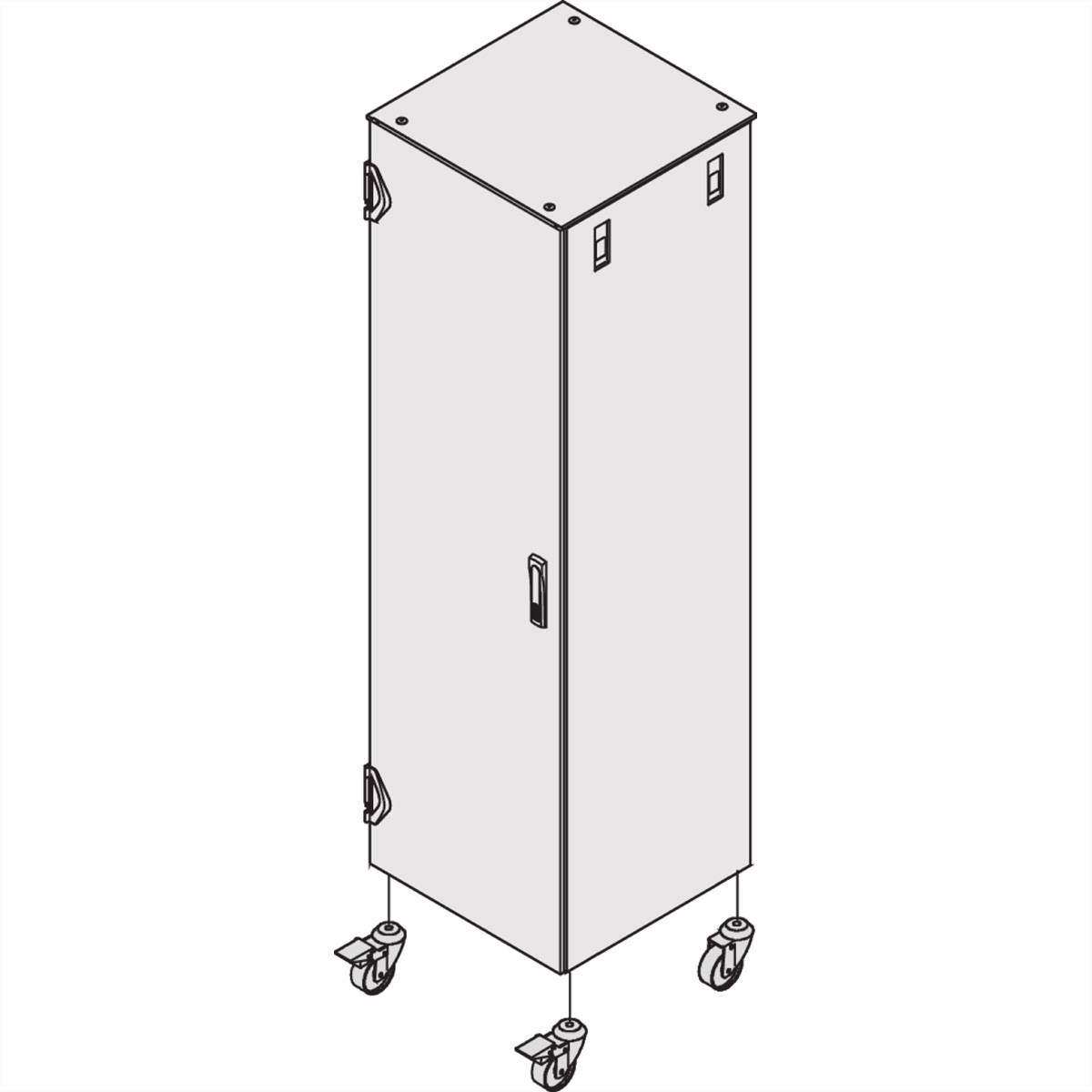 Grijze, hoge metalen doos op vier wielen met handgrepen aan de zijkant. Ideaal voor mobiel gebruik of opslag.