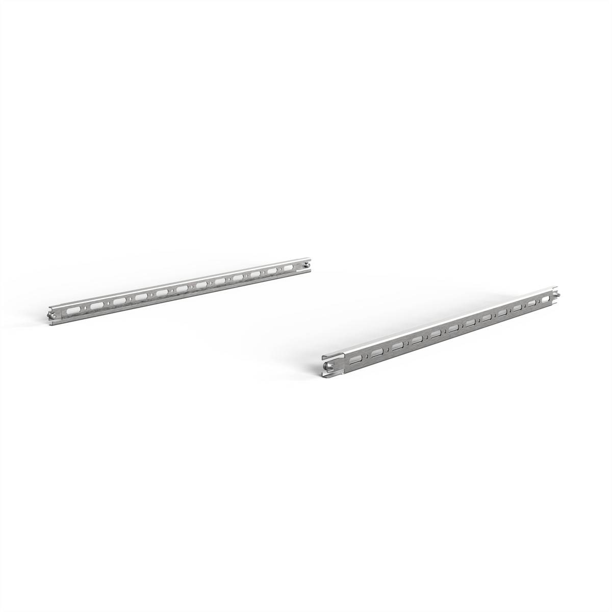 Twee lange, zilverkleurige rails liggen parallel op een witte achtergrond; geschikt voor rek- of montagestystemen.