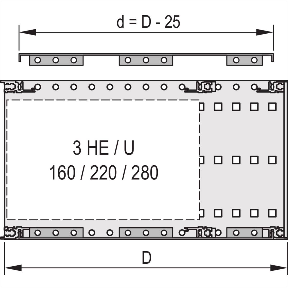 Diagram van een behuizing toont afmetingen: diepte is "D", bovenste diepte "d = D - 25". Drie hoogteenheden '3 HE/U' met breedtes 160/220/280 mm.