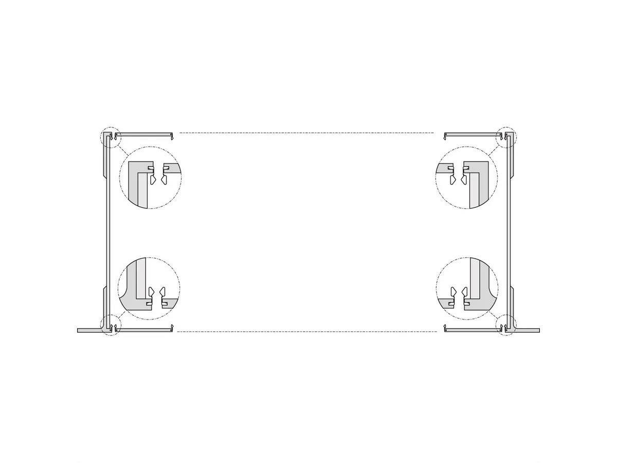 Technische tekening van een rechthoekig metalen frame met verbindingen op elke hoek, bovenaanzicht doorsnede.