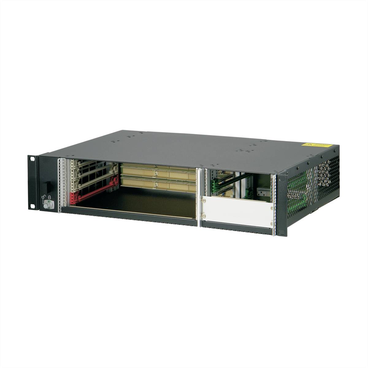 Een leeg serverbehuizing met meerdere inbouwsleuven, geschikt voor het huisvesten van netwerkapparatuur of computercomponenten in een rack.