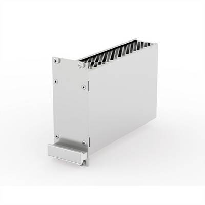 Zilvergrijs aluminium behuizing met ventilatierooster bovenaan, rechthoekige vorm, geschikt voor elektronische componenten of koelsystemen.