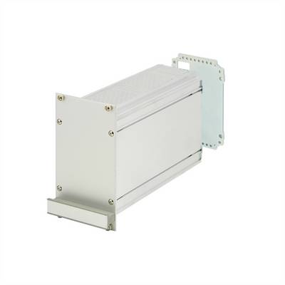 Een zilverkleurige, rechthoekige elektronicabehuizing met ventilatiesleuven en montageplaat, geschikt voor industriële toepassingen.