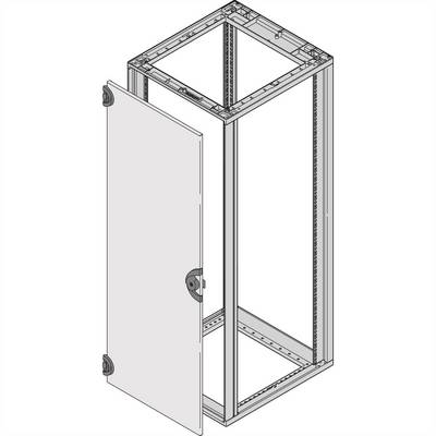 Metalen kabinetframe met geopende deur, toont binnenstructuur en scharnieren, geschikt voor elektronica- of IT-apparatuur.