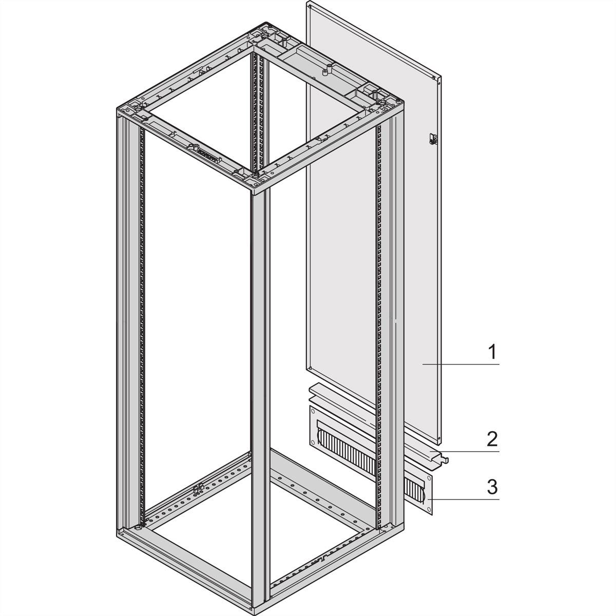 Schematische voorstelling van een open serverrek. Het toont de hoofdstructuur en genummerde componenten aan de zijkant: Schijf (1), Patchpaneel (2), Ventilatierooster (3).