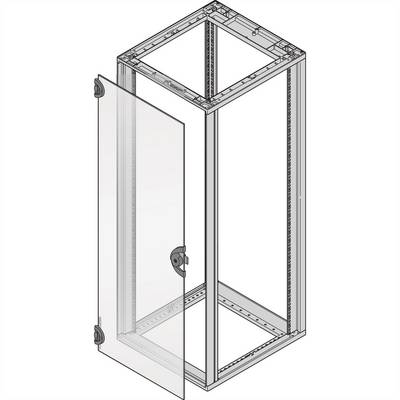 Een rechthoekig kamerframe met een open glazen deur, weergegeven in een technische tekening. Geschikt voor servergebaseerde IT-systemen.