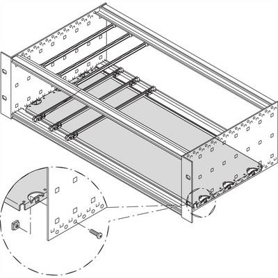Technische tekening van een metalen frame voor montage. Detailweergave toont bevestigingspunten met schroeven voor zijpanelen.