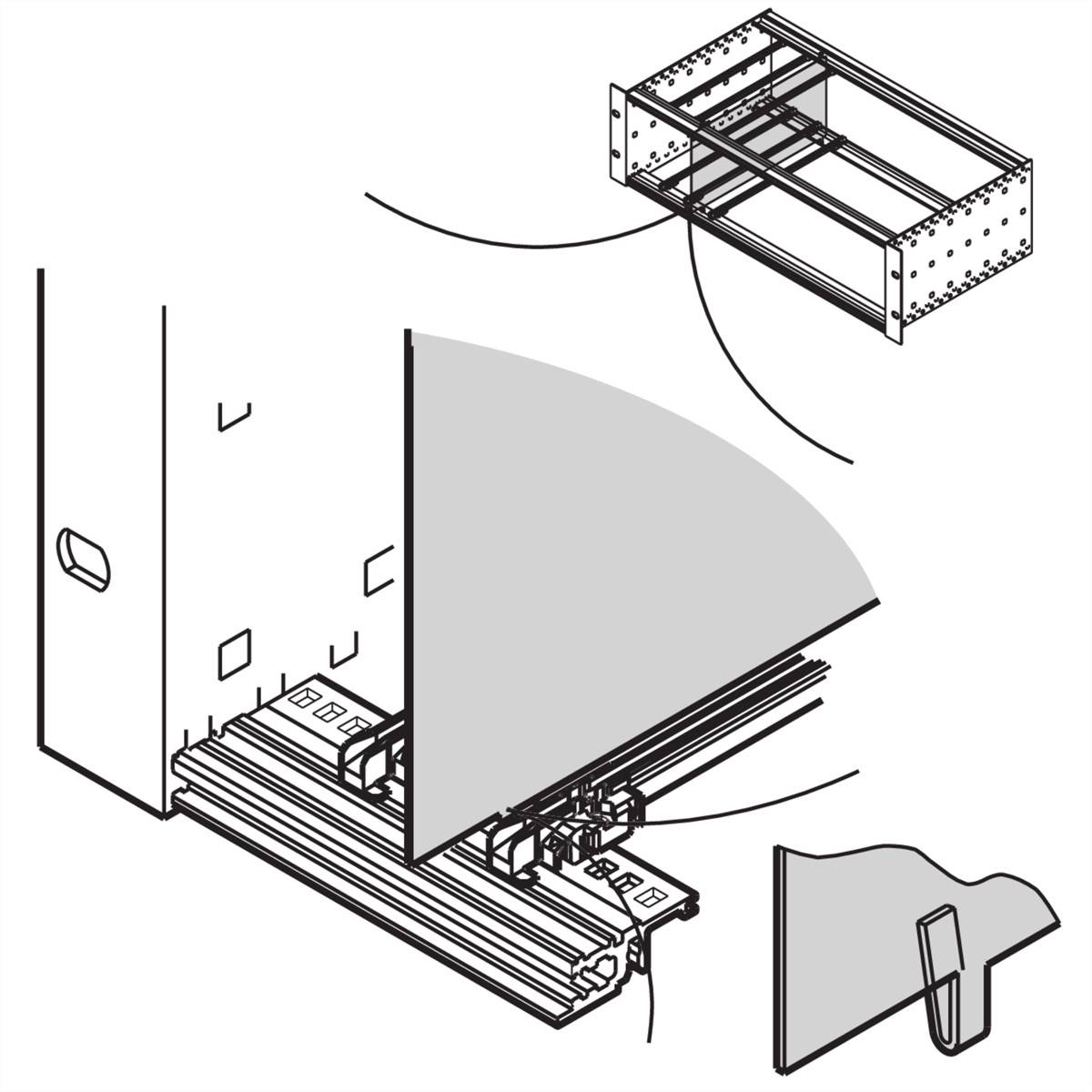 Een technische tekening toont de configuratie van een kabelgoot in een gebouw, met gedetailleerde componenten zoals kabelkanalen en bevestigingselementen.