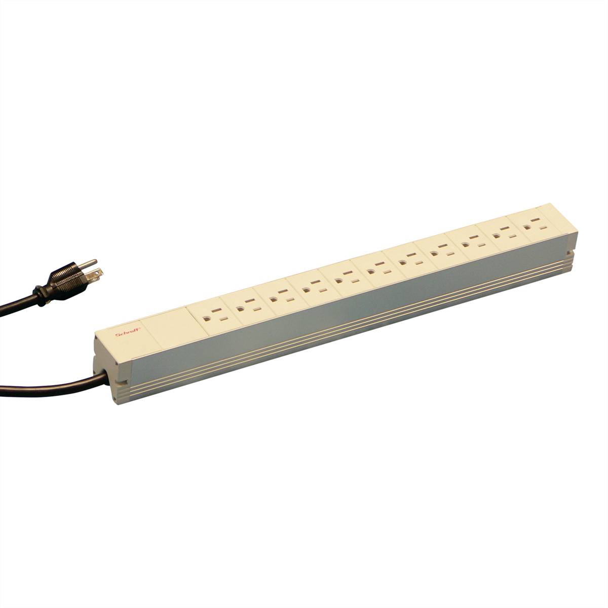 Stekkerdoos met tien aansluitingen en een stroomkabel, geschikt voor meerdere elektrische apparaten.