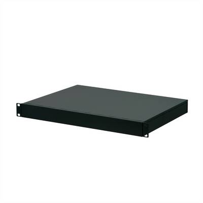 Een zwarte 1U-rack bodemplaat van metaal, geschikt voor installatie in een serverrek voor de organisatie en opslag van apparatuur.