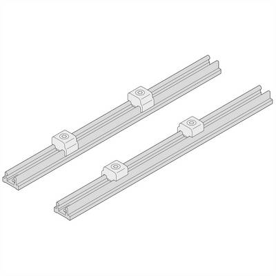 Twee parallel lopende rails, elk met een blokachtige glijder. Technische tekening zonder maatvoering.