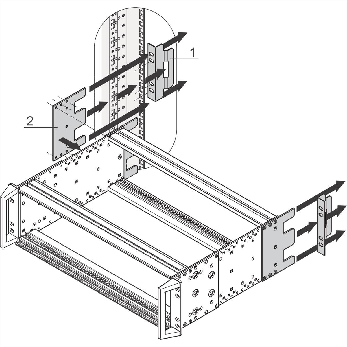 Diagram van een ladebevestiging. Stap 1 toont de bevestiging van de steun aan de achterwand. Stap 2 toont de geleiding van de ladeset.