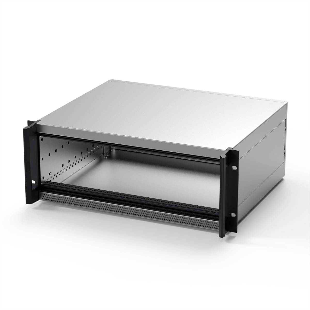 Serverrek-behuizing in modern design, zilverkleurig, ideaal voor opslag en organisatie van IT-apparatuur in de serverruimte.